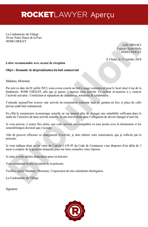 Demande de déspécialisation du bail commercial