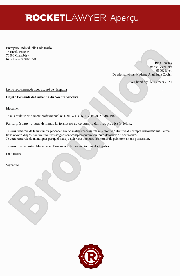 Demande de fermeture du compte bancaire