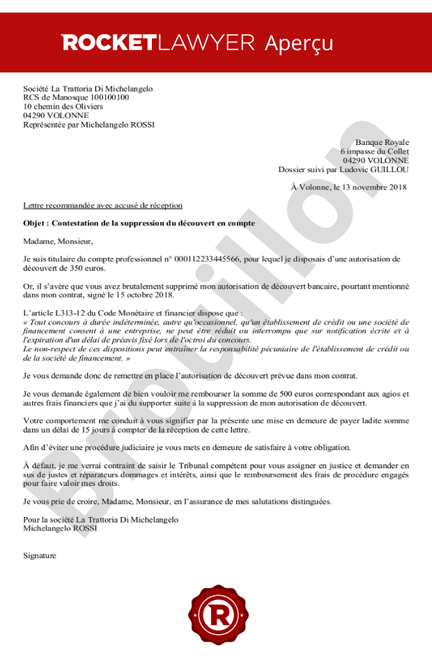 Contestation de la suppression d'une autorisation de découvert bancaire