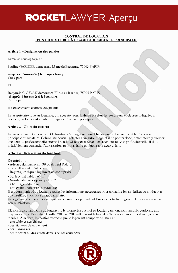 Contrat de location d'un bien meublé