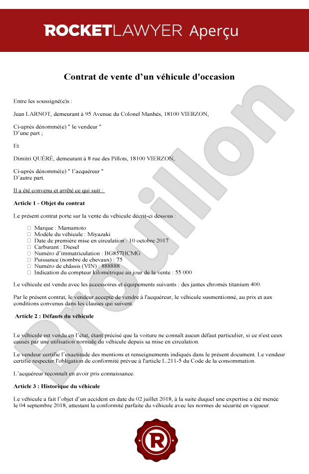Contrat de vente d'un véhicule d'occasion