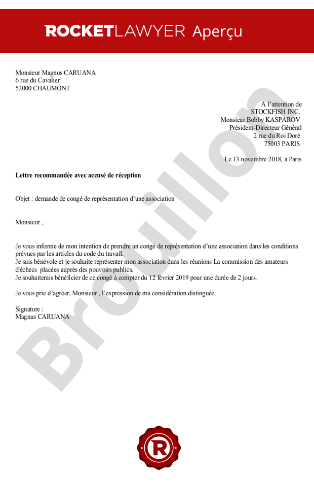 Demande de congé de représentation d’une association