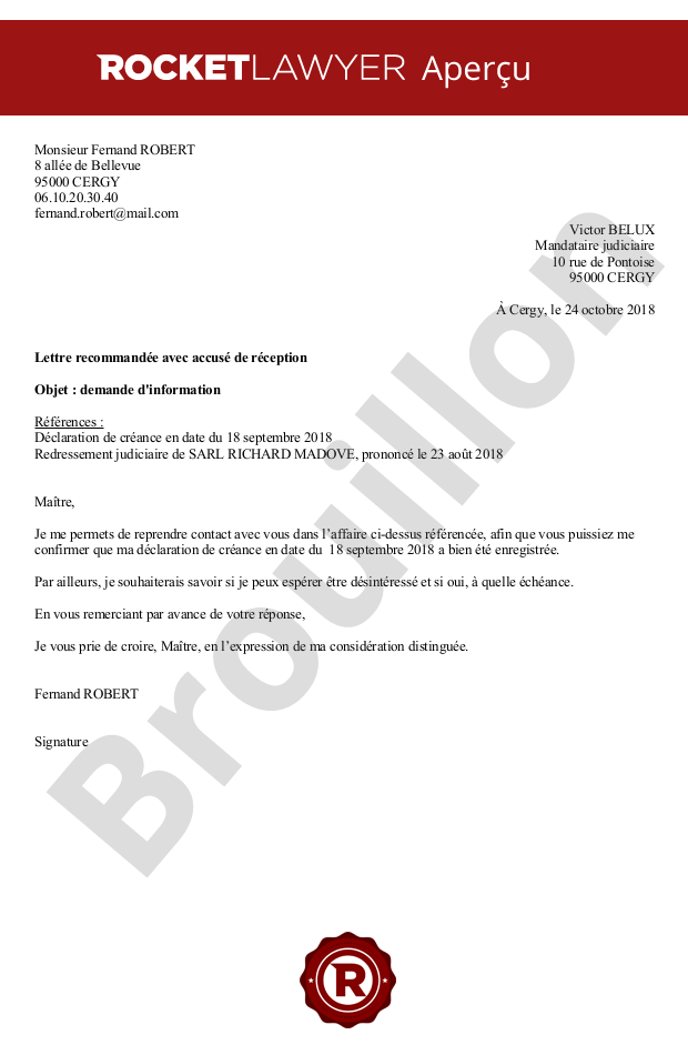 Faillite d'entreprise : demande d'information au mandataire judiciaire