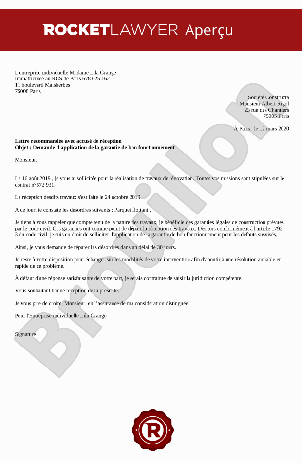 Lettre de mise en oeuvre de la garantie de bon fonctionnement