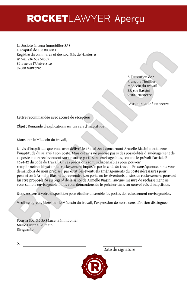Lettre de demande d’explications au médecin du travail sur l’avis d’inaptitude