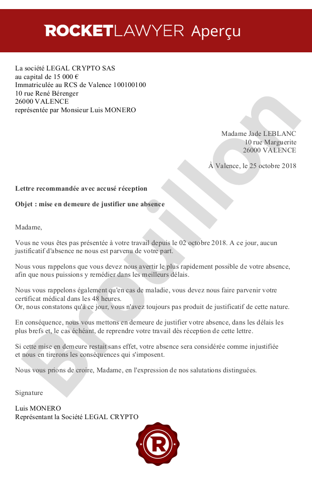 exemple de lettre de mise en demeure