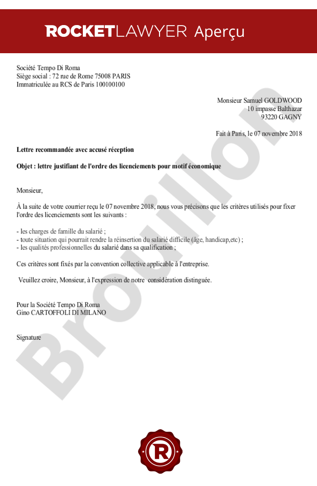 Lettre au salarié justifiant de l'ordre des licenciements pour motif économique