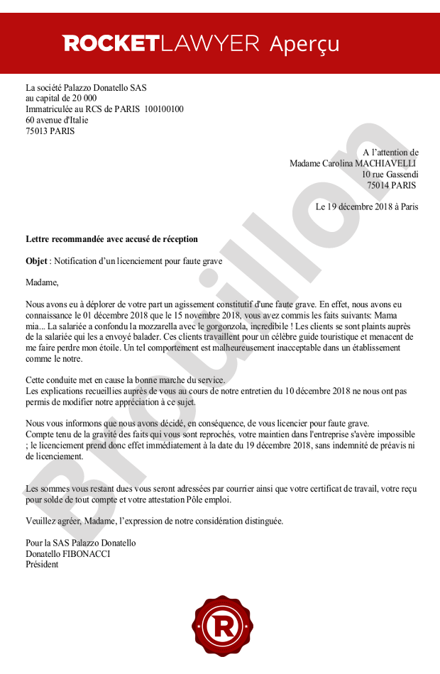 Lettre de licenciement pour faute grave