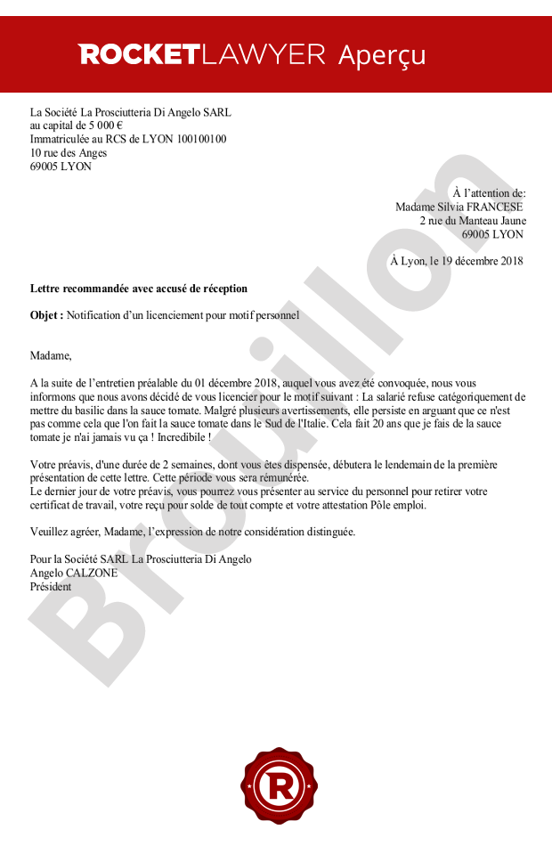 Lettre de licenciement pour motif personnel