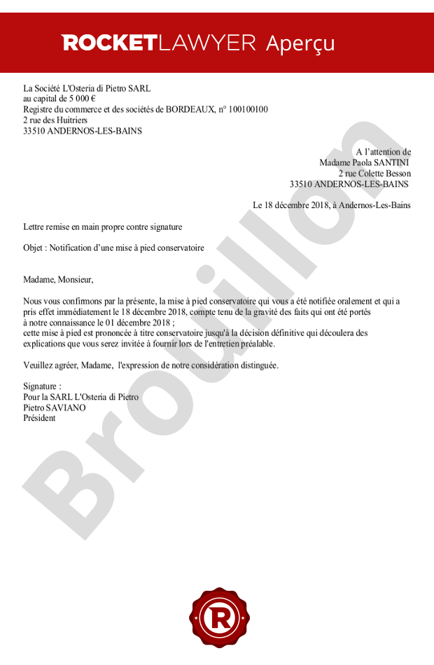 Lettre de mise à pied conservatoire