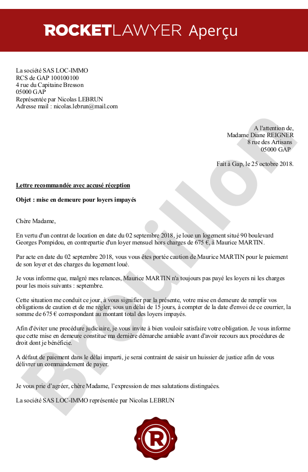 Mise en demeure pour loyers impayés (caution)