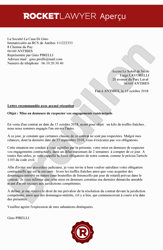 Mise en demeure de respecter un contrat (professionnel)