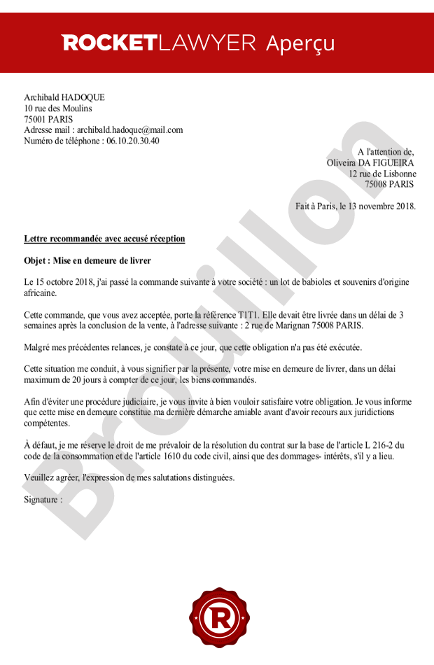 Mise en demeure de livrer