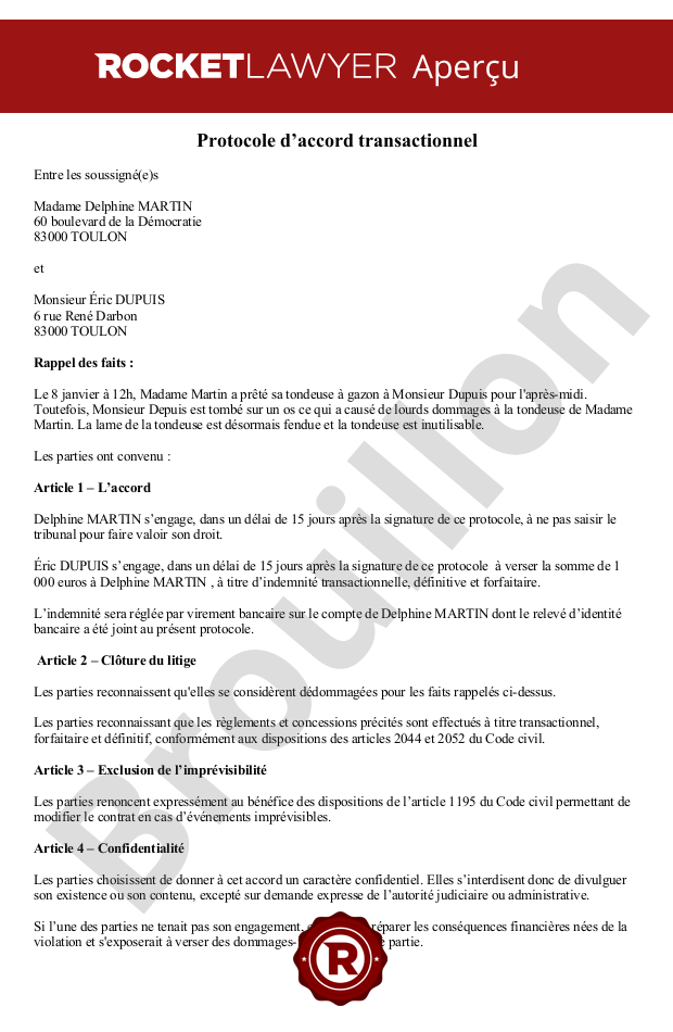 Protocole d'accord transactionnel