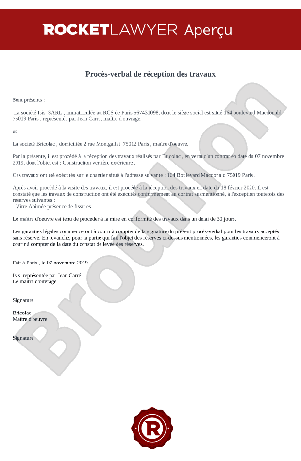 Modèle de réception des travaux