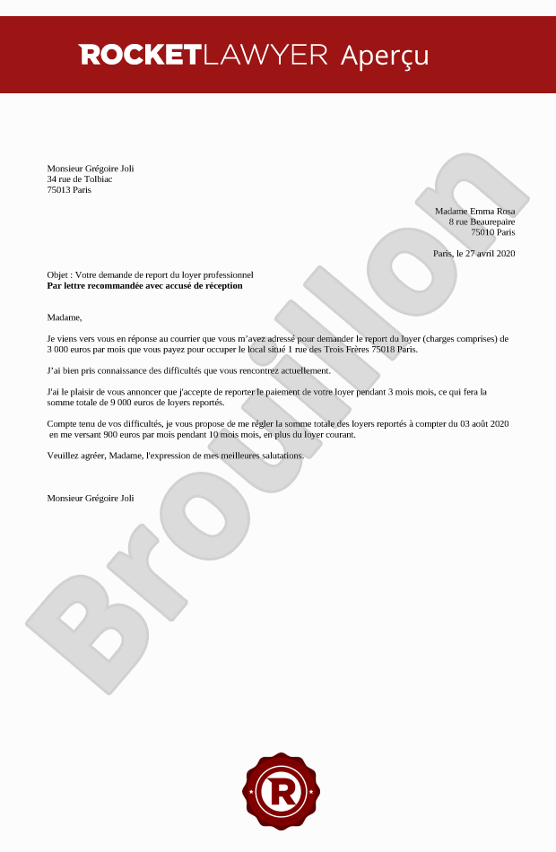 Réponse du propriétaire à la demande de baisse ou de report des loyers professionnels