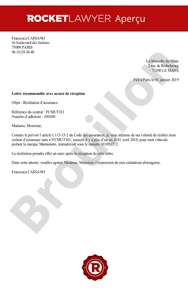 Lettre de résiliation d’assurance auto ou habitation
