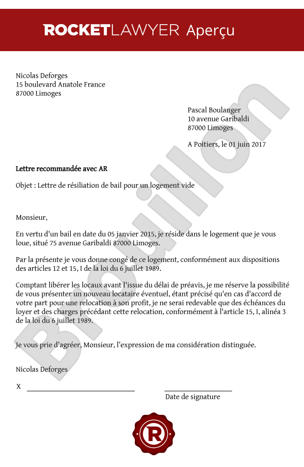 modele de lettre resiliation bail 1 mois