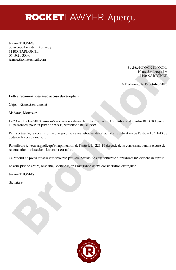 Lettre de rétractation suite à un démarchage à domicile