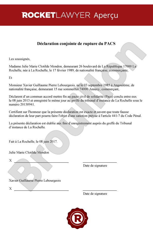 Déclaration conjointe de rupture du PACS