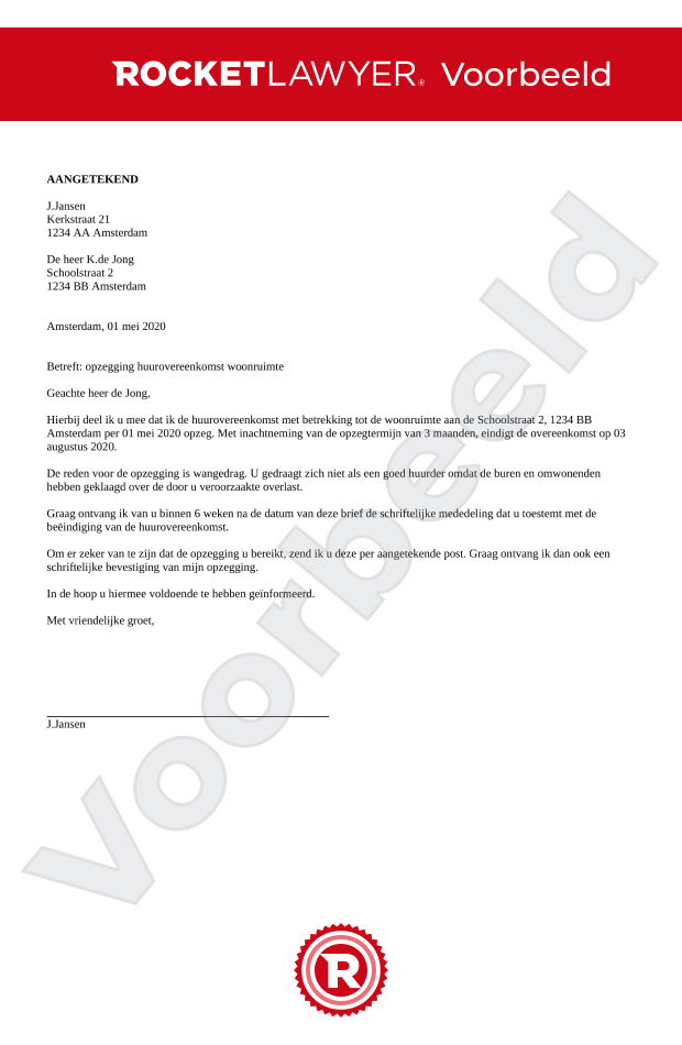 Brief huurcontract woning opzeggen (door verhuurder)