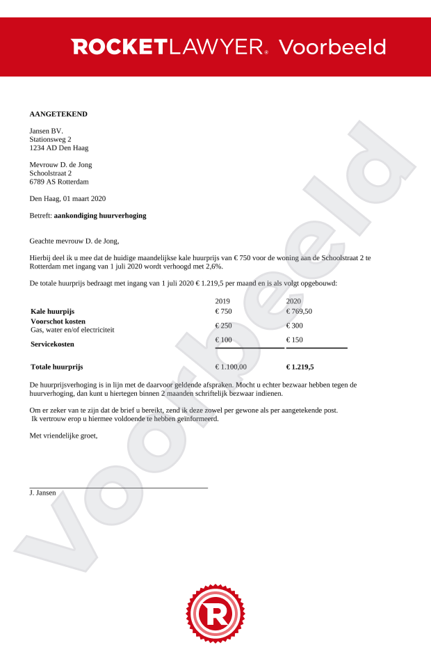 Brief huurverhoging woonruimte