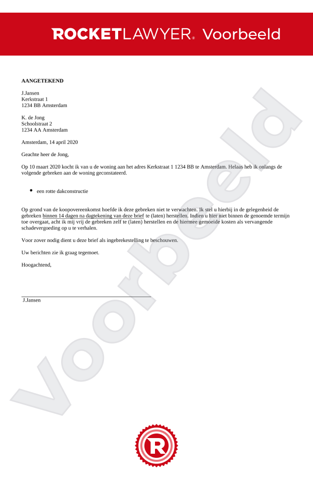 Brief verborgen gebreken koopwoning