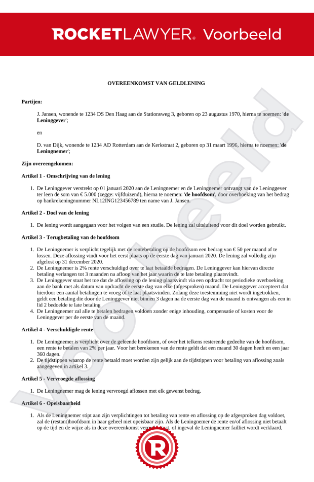 Onderhandse Lening  Download Modelcontract