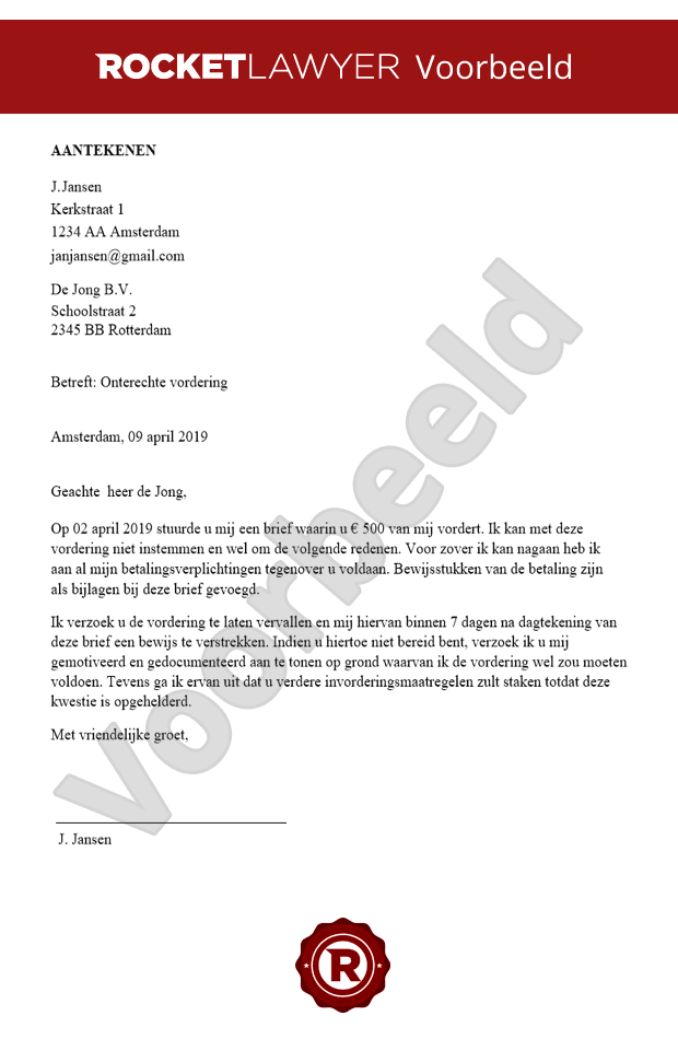 Brief onterechte factuur