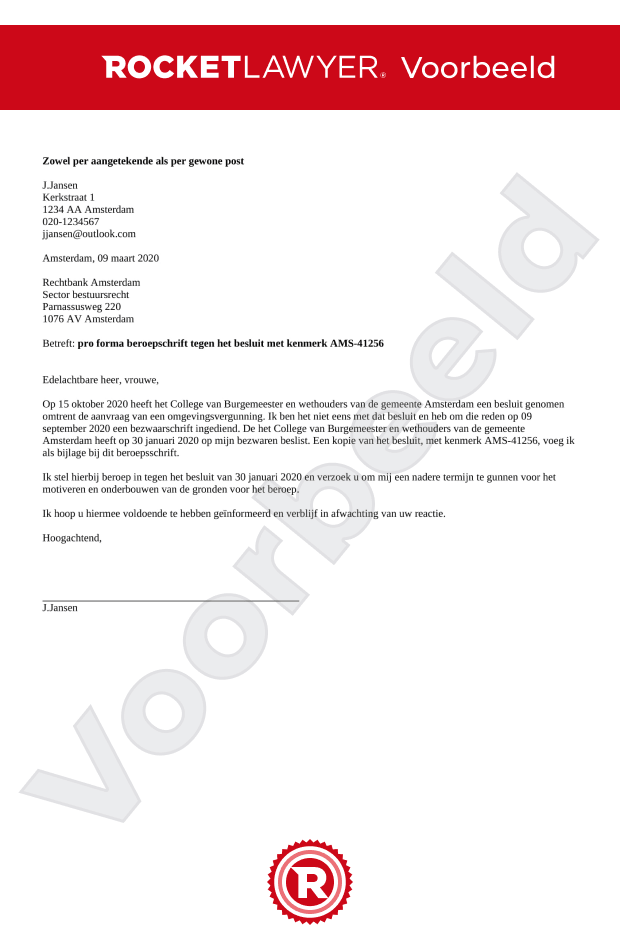 Pro forma beroepschrift