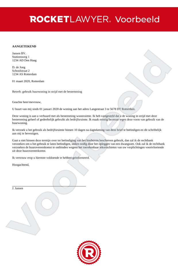 Brief verkeerd gebruik huurwoning / bedrijfsruimte