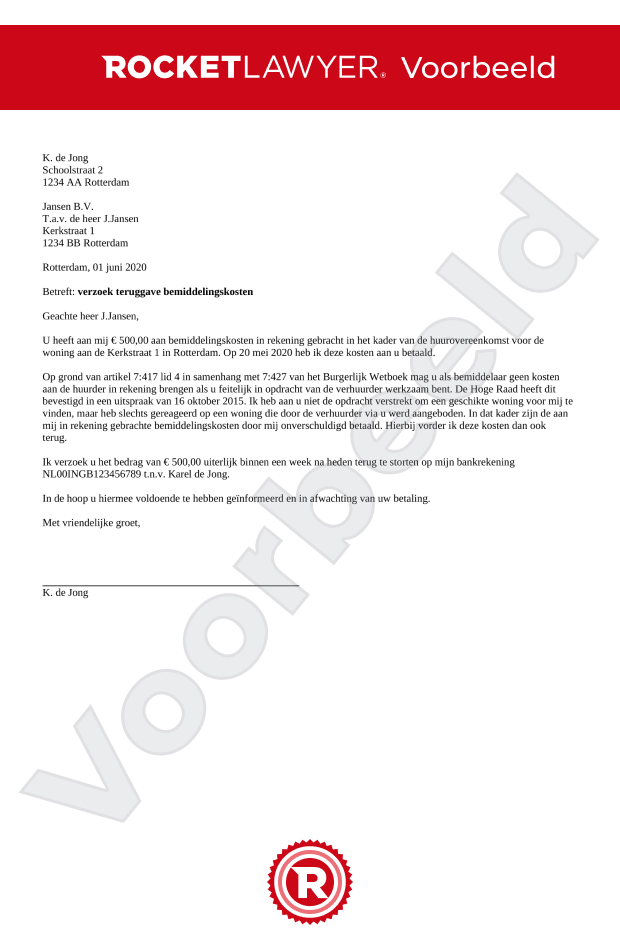 Verzoek teruggave bemiddelingskosten