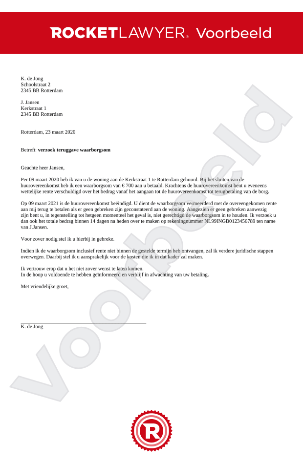 Verzoek teruggave waarborgsom
