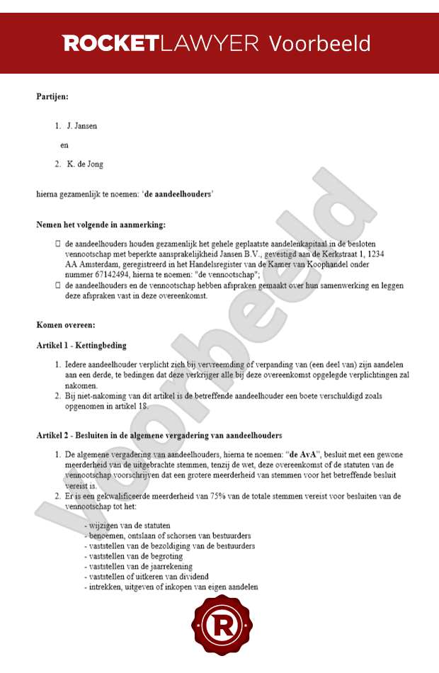 Aandeelhoudersovereenkomst  Download Modelcontract
