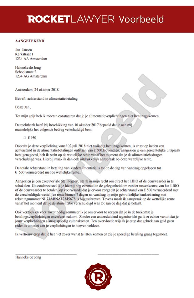 Brief achterstand alimentatie