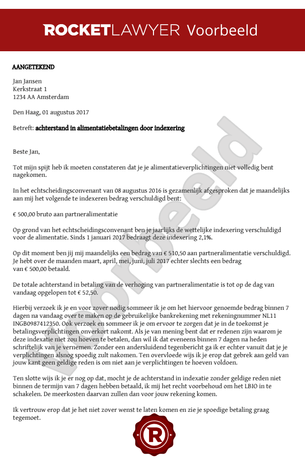 Stel een brief achterstand indexering alimentatie op