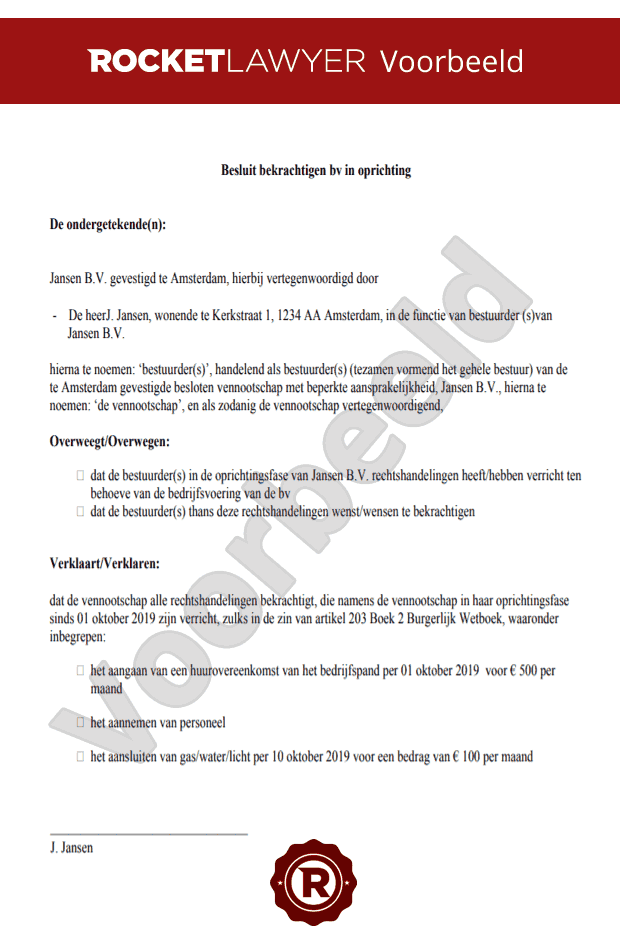 Besluit bekrachtigen bv in oprichting