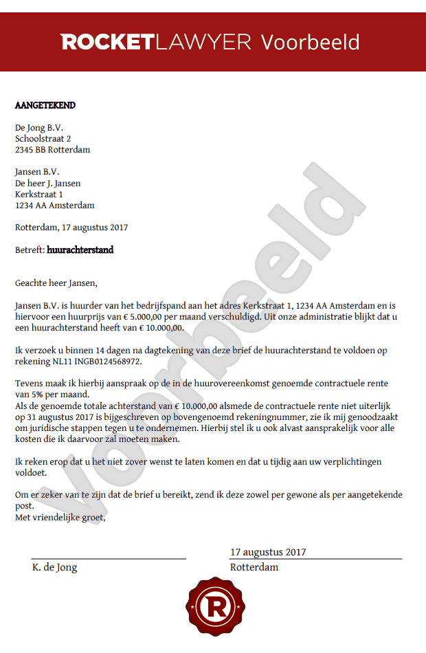 Brief Huurachterstand Bedrijfsruimte Opstellen Gratis