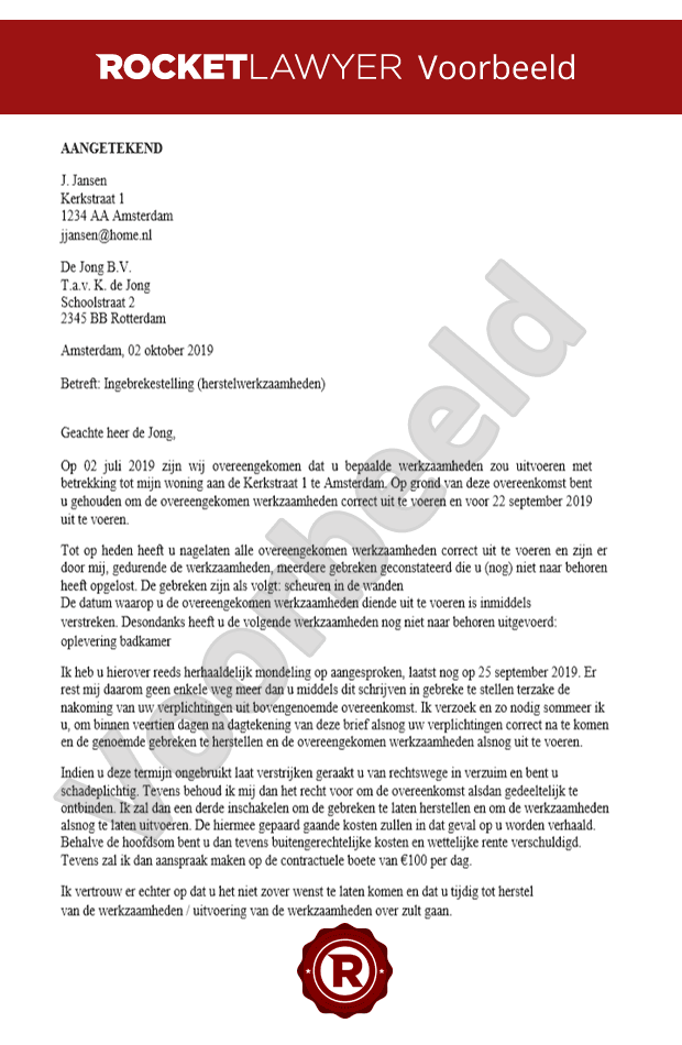 Ingebrekestelling Aannemer Opstellen Gratis