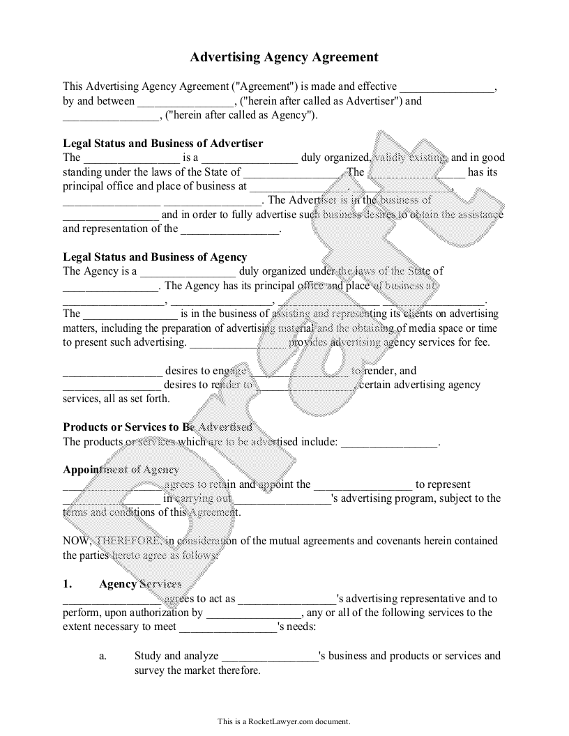 Free Advertising Agency Agreement  Free to Print, Save & Download With Regard To free advertising agency agreement template