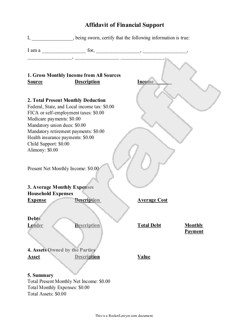 Free Affidavit of Financial Support Template Rocket Lawyer