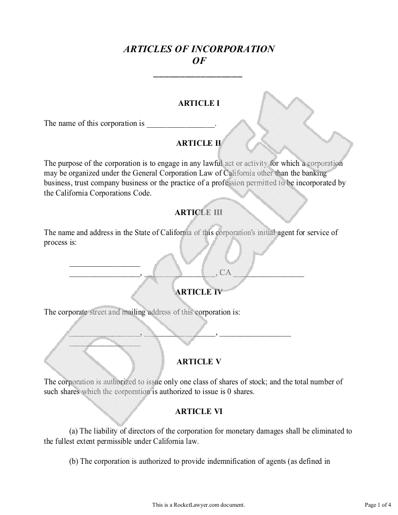 Sample Articles of Incorporation for California Template