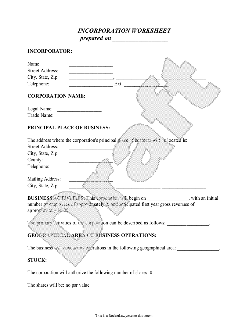 Sample Articles of Incorporation Worksheet Template