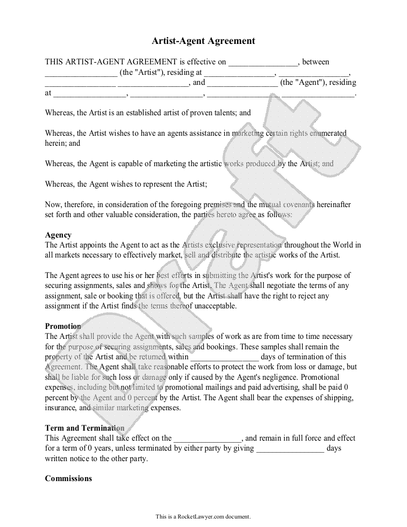 Free Artist-Agent Agreement  Free to Print, Save & Download With legal representation agreement template