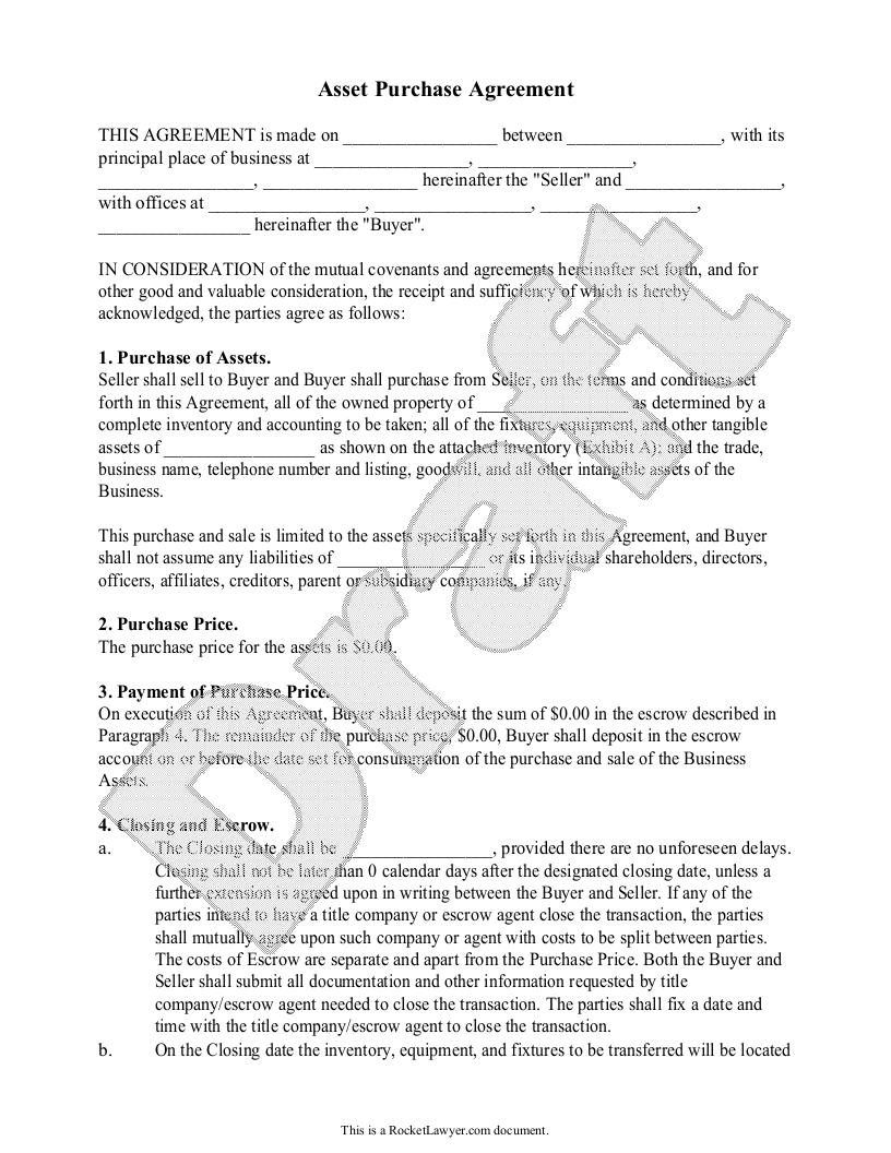 Free Asset Purchase Agreement Free To Print Save Download