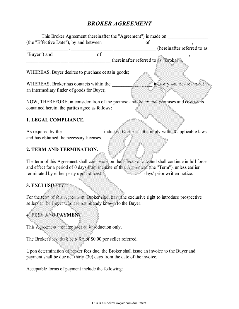 Free Broker Agreement  Free to Print, Save & Download Regarding commercial mortgage broker fee agreement template
