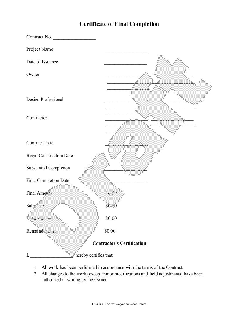 Free Certificate of Final Completion  Free to Print, Save & Download For Certificate Of Completion Construction Templates