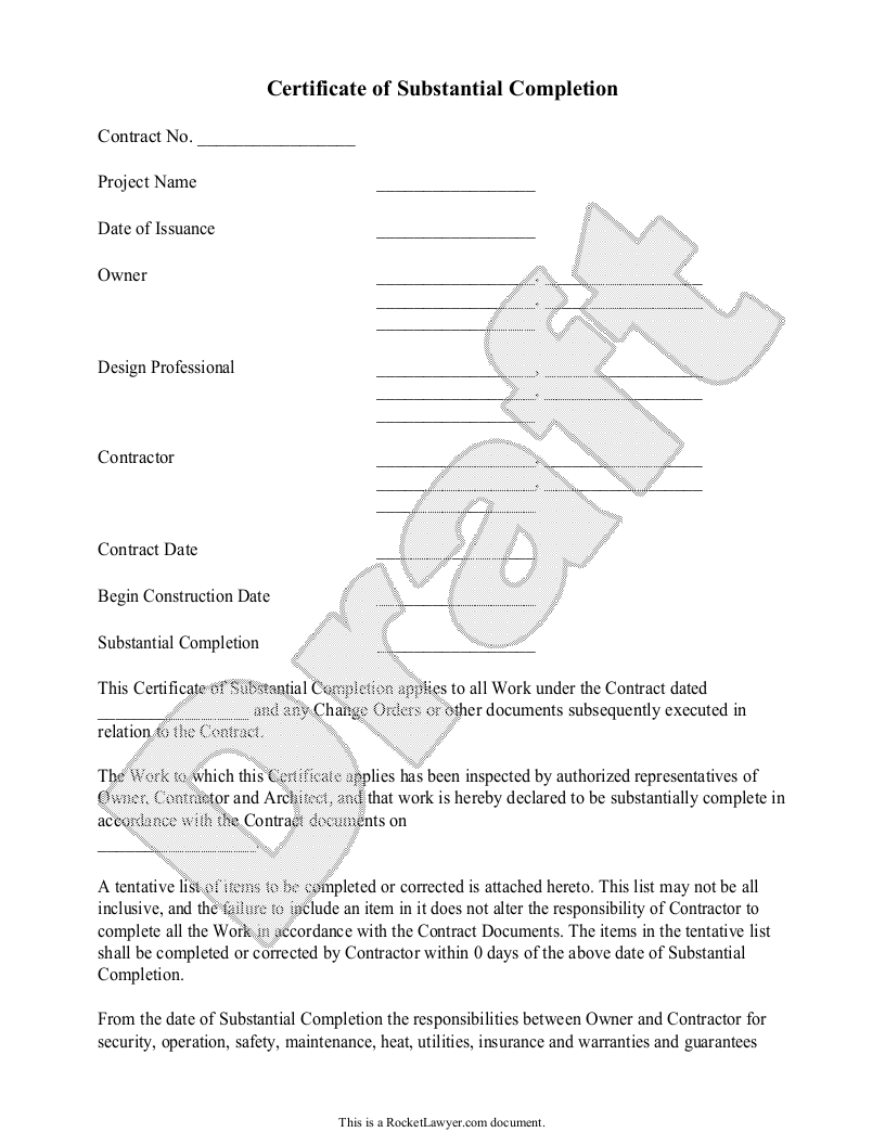 Sample Certificate of Substantial Completion Template