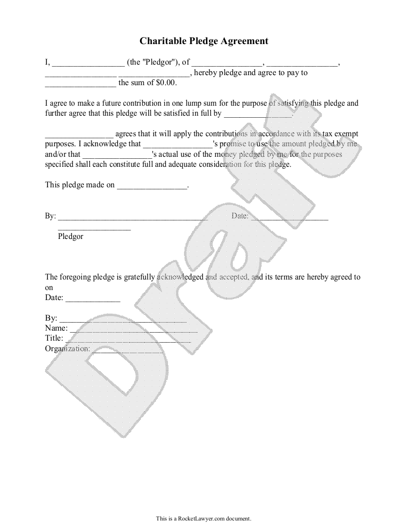 Free Charitable Pledge Agreement  Free to Print, Save & Download With Regard To Fundraising Pledge Card Template