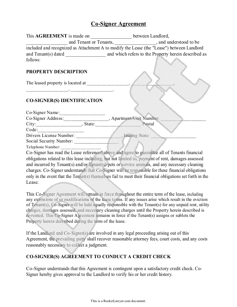 Free Co-Signer Agreement  Free to Print, Save & Download Regarding cosigner loan agreement template